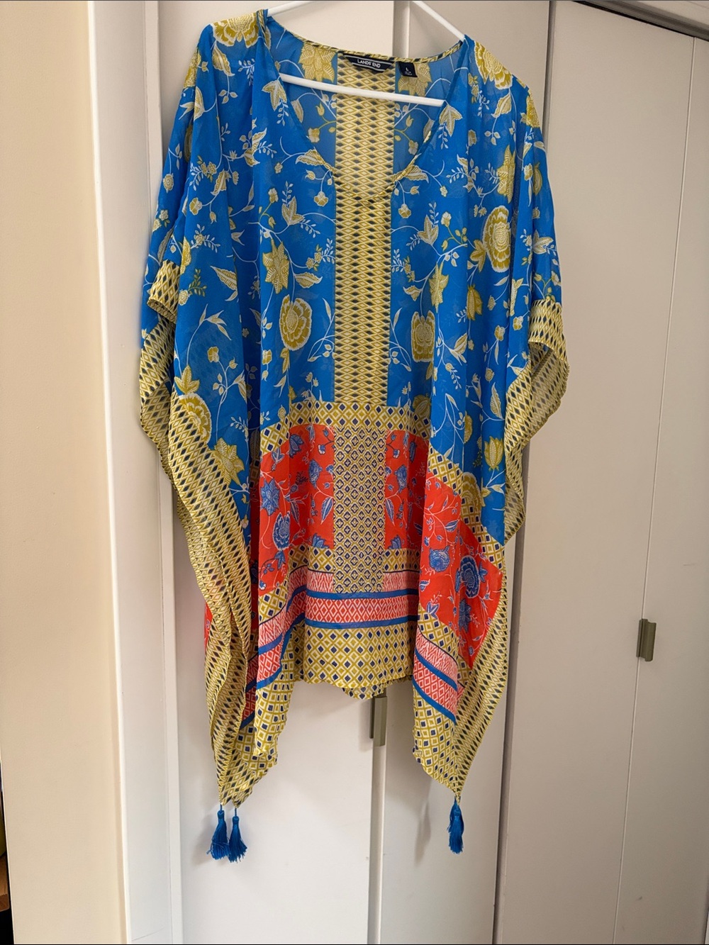 Lands' End Blue Floral Kimono Cover-Up with Yellow & Coral Panels